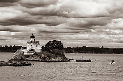 Sun Breaks Through Storm Clouds By Pomham Rocks Light - Sepia